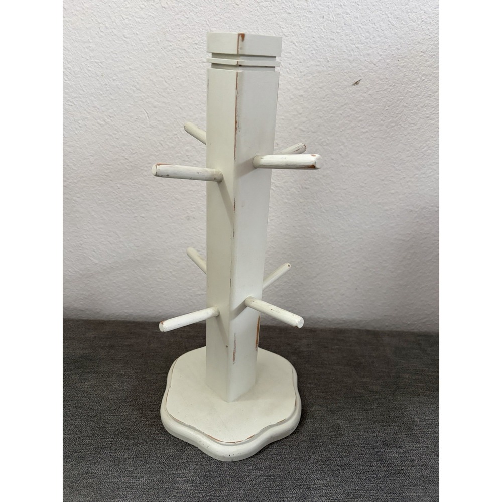 Vintage Shabby Chic Distressed White Wood Coffee Mug Tree Kitchen Decor 8 Peg